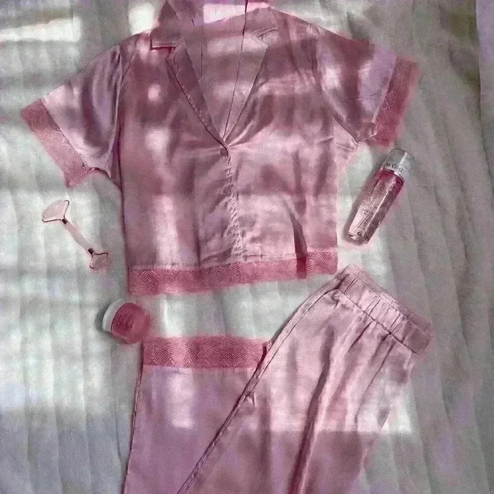 Pink Satin and Lace PJ top and pants set from Nasty Gal